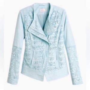 Chicos Jacket Bomber Coat Blue Womens Size 0 Small Moto Zip Faux Suede Spring